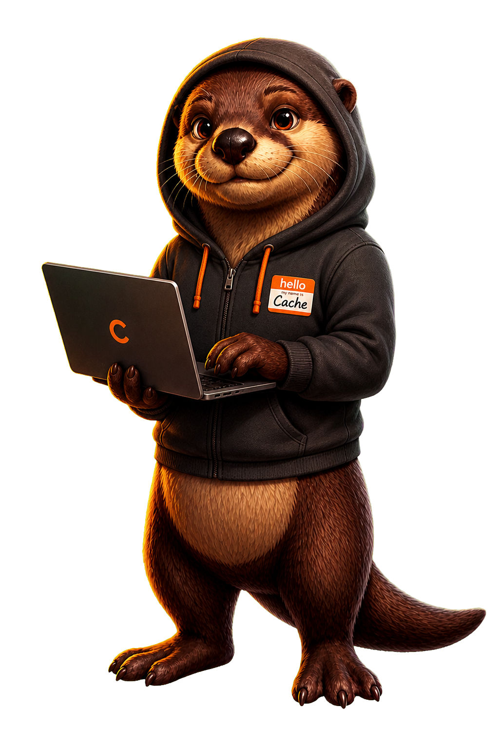 Cache the otter wearing a dark hoodie and typing on a laptop